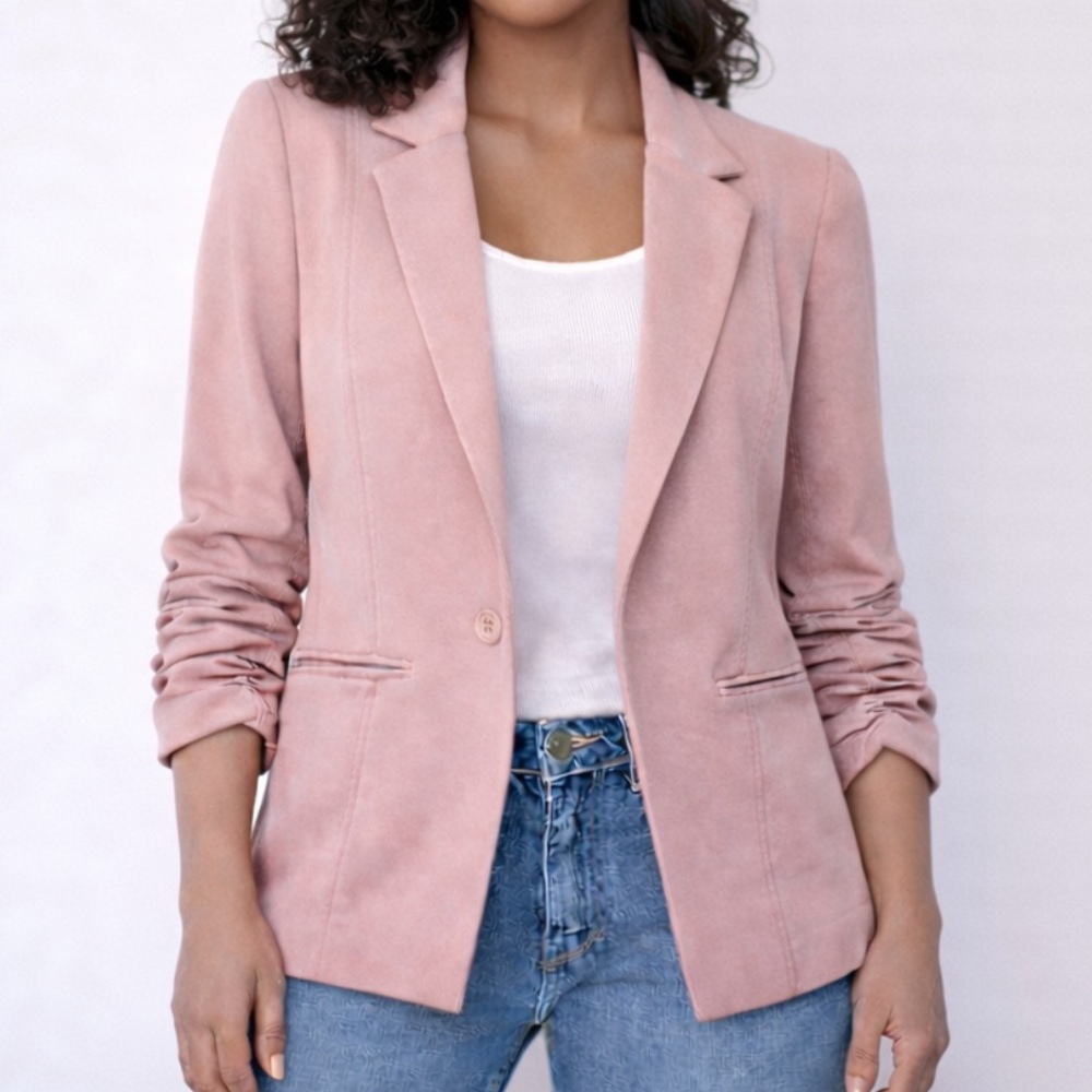 Stoosh Blush Pink Soft Blazer • Ruched Sleeves • Size XL • Great Condition